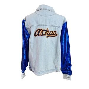 The Wild Collective Women Small Houston Astros Baseball Sequin Denim Jacket